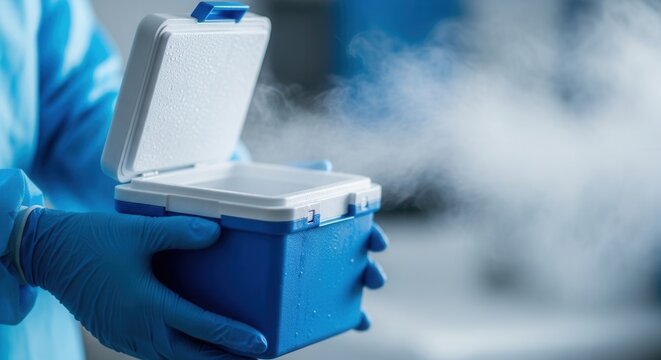Medical Professional Carefully Opening a Cryogenic Storage Container with Visible Fumes