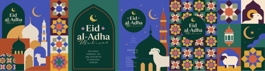 Plakat Eid al-Adha. Vector geometric abstract Islamic illustrations of a mosque, lamb, ram, seamless pattern, tile, crescent moon, lantern, icons for greeting card, invitation, template or background