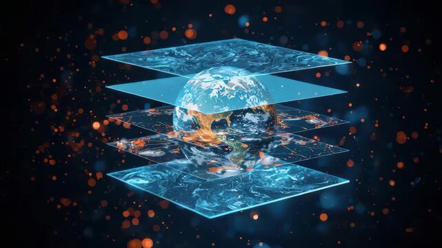 Earth globe layered panel intersecting translucent panel with glowing water texture and futuristic