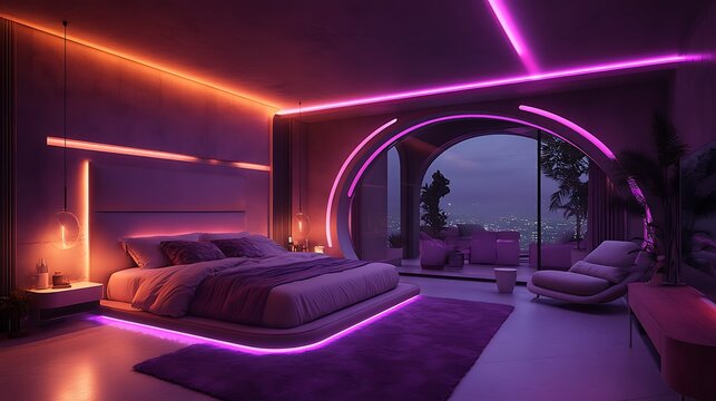 Futuristic luxury bedroom with purple neon lighting and curved tv wall