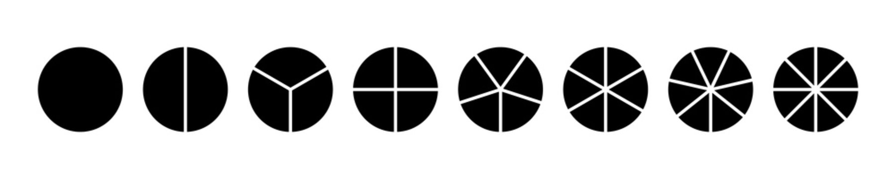 Circle division on 1 2 3 4 5 6 7 8 equal black parts. Wheel round divided diagrams from one to eight segments. Infographic minimalist icons. Coaching blank mockup. Pizza, pie chart layout set. 