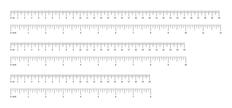 Set of measuring chart with 30, 25cm, 20 centimeters. Collection of ruler scale 8inch, 10 inch, 12 inches with numbers. Templates of ruler scale. Length measurement height, math, distance, Sewing tool