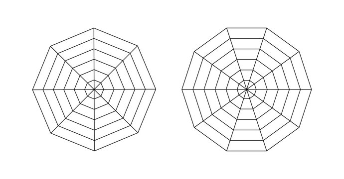 Diagram for statistic, analytics. Blank radar chart, ten and eight equal parts. Spider, radar diagram. Decagon, octagon graphs templates. Spider mesh. Flat grid 10 and 8segments. Coaching tool.