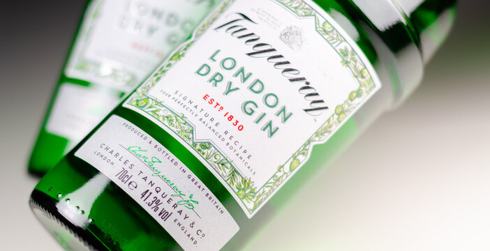LONDON, UK - 28 MARCH 2024 Tanqueray London Dry Gin, a four-times distilled gin, made from a combination of refreshing juniper, peppery coriander, aromatic artemisia and sweet liquorice
