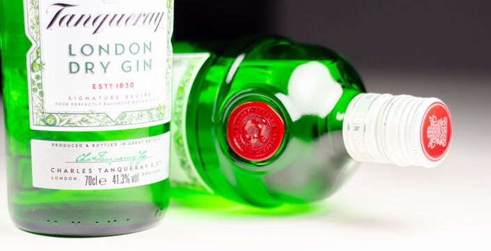 LONDON, UK - 28 MARCH 2024 Tanqueray London Dry Gin, a four-times distilled gin, made from a combination of refreshing juniper, peppery coriander, aromatic artemisia and sweet liquorice