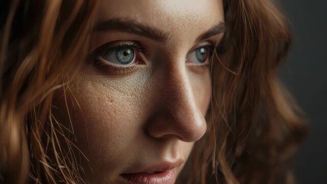 Young woman blue eye close up portrait natural skin texture soft dramatic lighting thoughtful