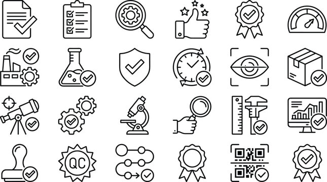 Black line icons of quality control and assurance symbols on white background