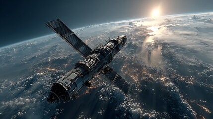 Fototapeta premium Modern space satellite with extended solar panel wings images