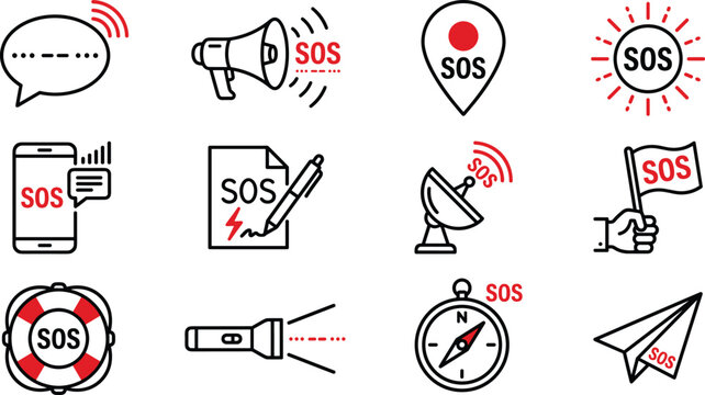 Collection of SOS emergency icons for rescue and help signals