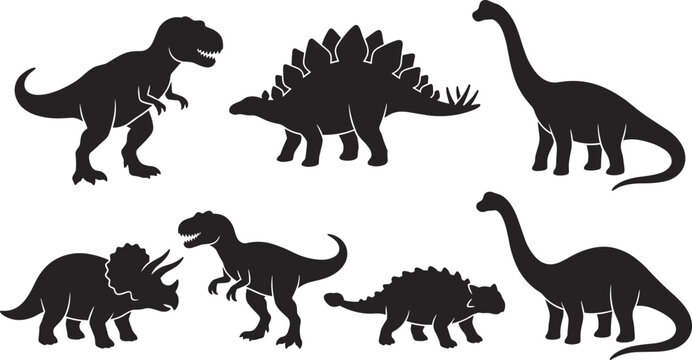 Collection of seven black dinosaur silhouettes on white background