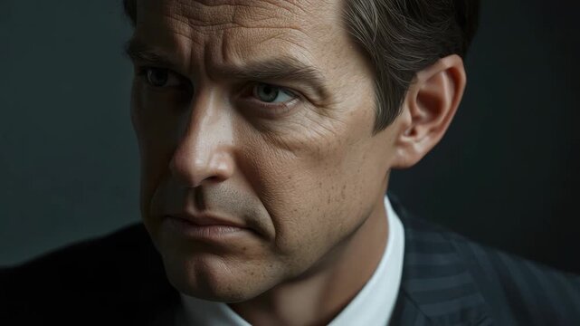 Middle aged man portrait serious expression dramatic lighting close up textured skin contemplative