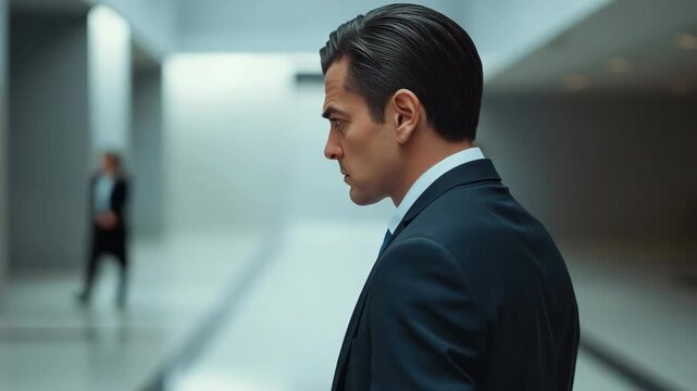 Businessman man navy suit formal corporate walking through modern lobby looking back with serious