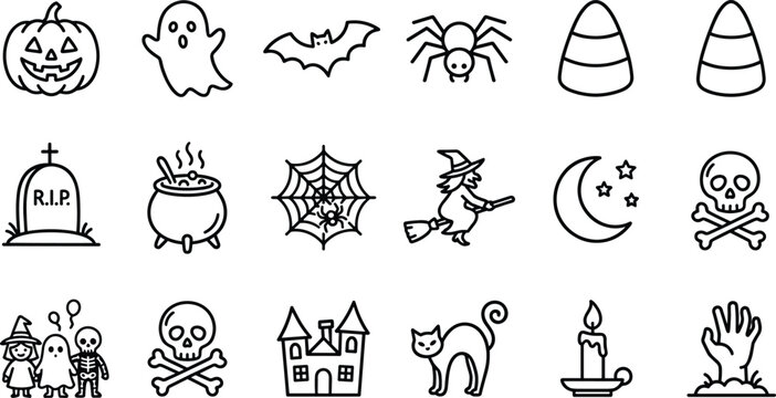 Halloween icons set including pumpkin ghost bat spider candy corn tombstone cauldron witch