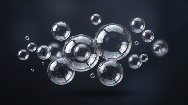 A cluster of clear glass or plastic bubbles of various sizes floating on a dark background with subtle reflections