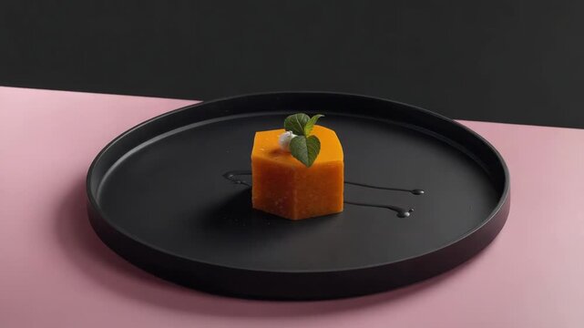 Orange mango mousse cube panna cotta hexagonal jelly garnished with mint cream elegant dessert