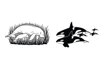 Manatee and orcas in natural habitats aquatic wildlife creature © Sadek