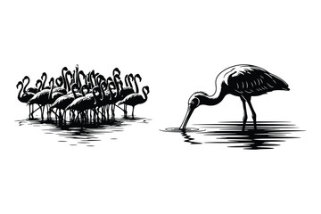 Obraz premium Flock of flamingos and a solitary heron feeding in water with flamingos