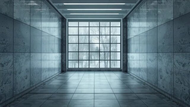 Empty marble corridor with large grid window overlooking snowy tree, winter light spacious empty