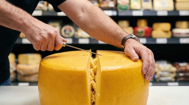Deli worker using a long knife to slice a massive wheel of yellow cheese in half on a counter