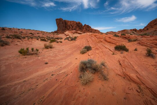 Scenic view of rocks in Valley of Fire State Park in Nevada, travel and landscape copy space banner