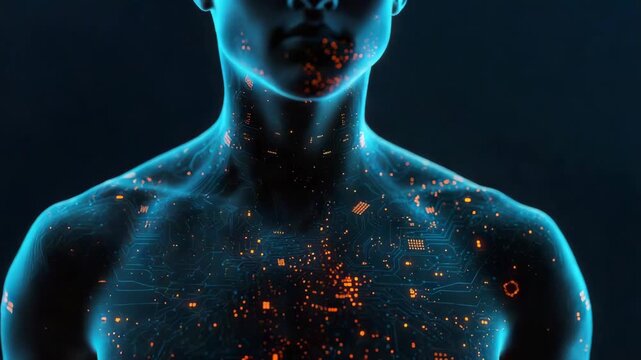 Futuristic human torso circuit electronic glowing node blue aura neon. futuristic male torso with