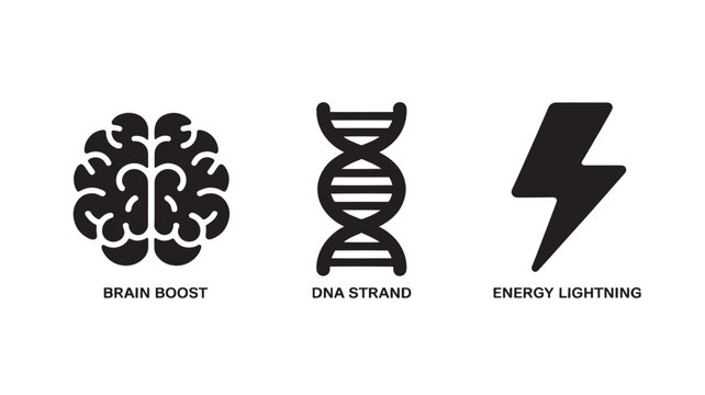 Brain Boost, DNA Strand, and Energy Lightning Symbols for Science and Technology Concepts