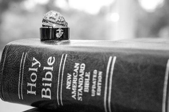 Wedding rings on the Bible.