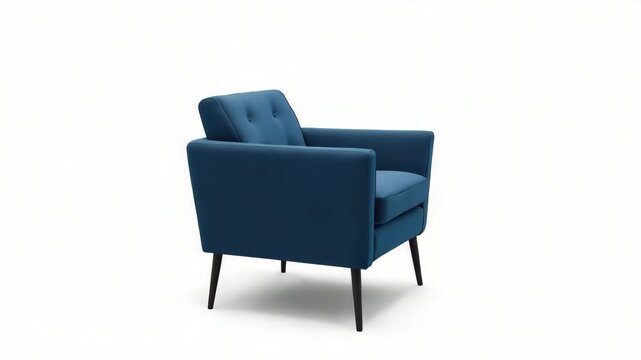 Blue mid century modern armchair tufted back buttoned upholstery tapered legs stylish seating