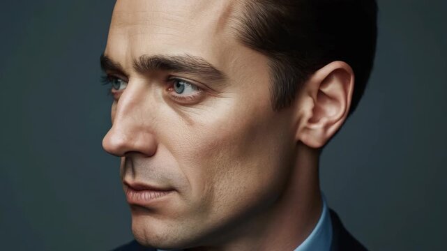 Man portrait close up blue eye suit studio lighting thoughtful contemplative intense neutral