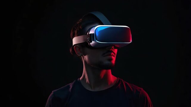 Virtual reality vr headset man portrait immersive technology young man dramatic blue red neon