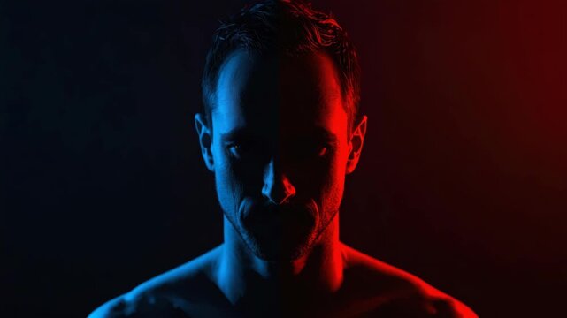 Male portrait silhouette dramatic lighting colored light blue light moody portrait half face split