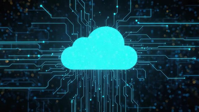 Cloud network connection symbol glowing over digital circuit board for futuristic cloud computing