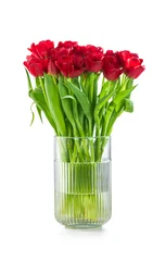 Spring red tulips bunch in a crystal vase isolated on white background. Bright tulips flower bouquet, blooming. Easter, Mother's Day, birthday gift. Spring concept, cutout.  © Subbotina Anna