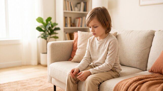 Young caucasian boy sitting sadly on sofa in cozy living room with bookshelves and potted plant. Emotional child alone at home concept for family safety and protection themes