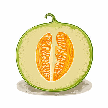 A halved melon reveals its juicy orange pulp and seeds indoors