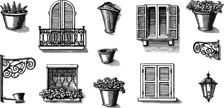 Window planters and brackets with shutters and lamp on white background