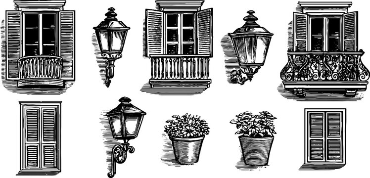 Assorted window balconies and planters with wall lamps on white background