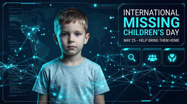 Portrait of young caucasian boy on digital world map with global network. International missing childrens day on may 25. Awareness campaign to help find and bring lost child home