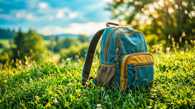 Childs backpack left on green meadow with wildflowers under sunny blue sky. Symbol of lost child in nature. International day of missing children awareness and search concept for safety campaigns