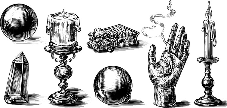 Occult objects arranged with candles and crystal balls on white background