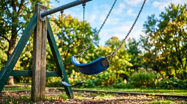 Empty blue swing hanging from green metal frame in autumn park. Awareness for lost kids in outdoor playground setting
