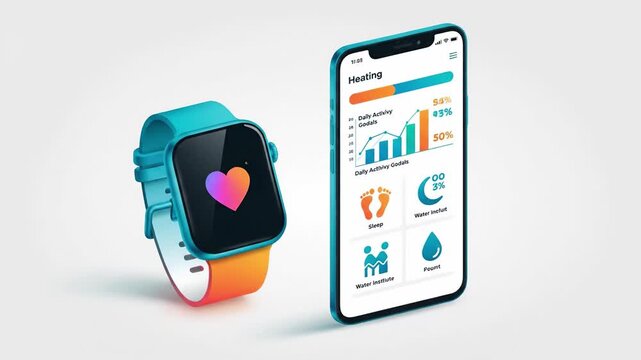 Smartwatch and smartphone displaying synchronized health metrics and activity charts. Represents modern fitness tracking and data connectivity. Ideal for health apps or technology blogs.