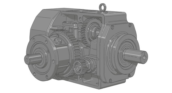 Industrial gearbox with internal mechanical gears in cutaway view