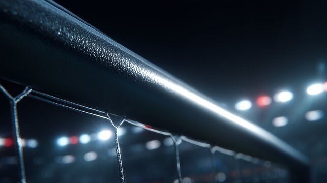 Close up of soccer goal post and net in a stadium under floodlights at night
