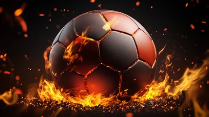 Fototapeta premium Soccer ball on fire with intense orange flames and sparks on a dark background 