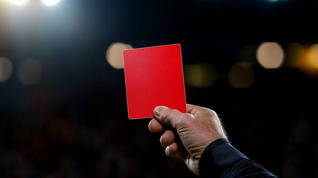 Referee hand holding up a red card during a sports match on a dark stadium background
