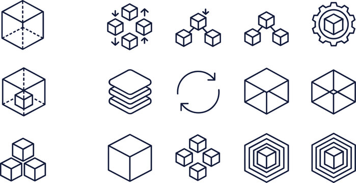Set of Fifteen Abstract Geometric Cube and Technology Icons for Data Structure, Networking, and Software Development