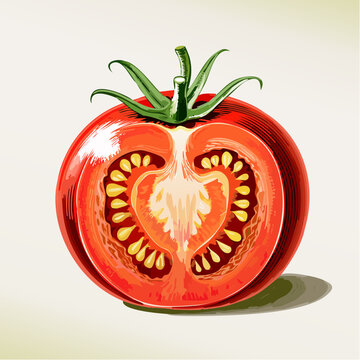 A vibrant red cut tomato on a plate shows its inner seeds and pulp.