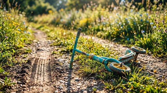 Abandoned turquoise childs scooter lying on dirt path in wildflower meadow. Forgotten kids toy in rural field. Symbol of missing children and loss awareness for international day of missing children