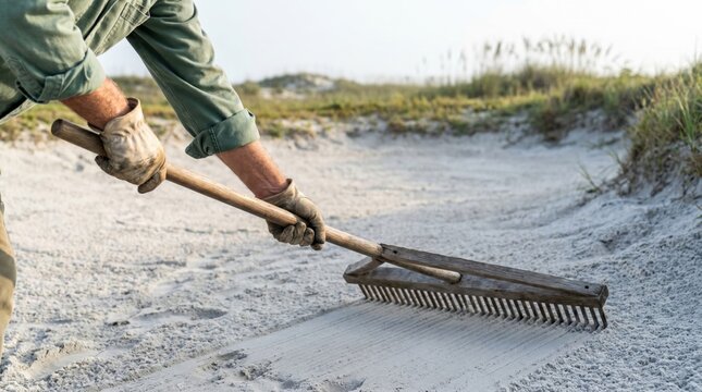 Groundskeeper using a wooden rake to smooth sand in a golf course bunker